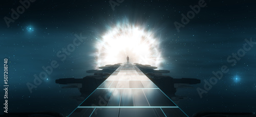 Dark abstract Sci Fi path with Outer Space in background. Man Standing with Glowing Light Rays and Portal. 3d Rendering