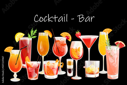Banner template with alcoholic cocktail drinks in the bar. Design for web advertising, social networks.