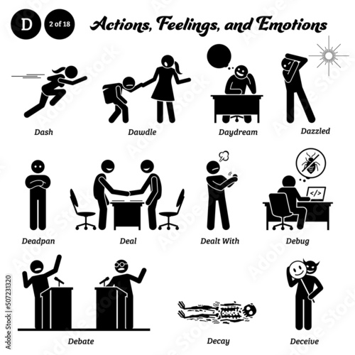 Stick figure human people man action, feelings, and emotions icons alphabet D. Dash, dawdle, daydream, dazzled, deadpan, deal, dealt with, debug, debate, decay, and deceive.