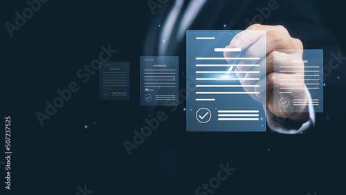 Electronic signature concept, business people sign electronic documents on digital documents, paperless office, future business contract signing.