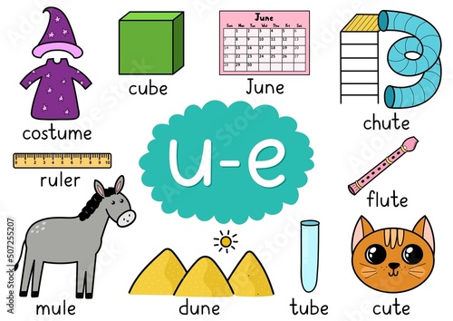 U-e digraph spelling rule educational poster for kids with words. Learning u-e phonics for school and preschool. Phonetic worksheet. Vector illustration