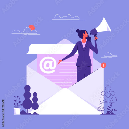 Email marketing, CRM, subscription on web and sending email newsletter for discount or promotion information concept, businesswoman standing in email envelope announcing promotion through megaphone