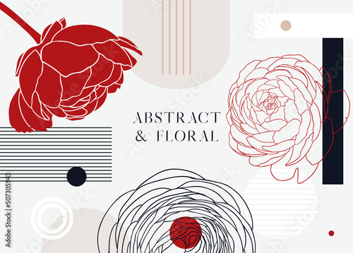 Collage style ranunculus vector illustration. Hand-sketched spring flowers. Trendy design with ranunculus, geometric shapes, and abstract elements. Floral print, poster, card, social media, wall art.