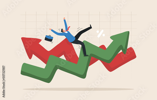 Stock market volatility. Downtrend or uptrend. Loss Crisis, investment risk. panic in stocks or cryptocurrency. Investors are harmed by trend changing arrow charts.