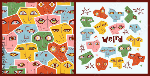 Vector Set of Seamless Pattern and Poster with Abstract Geometric Various Strange Evil, Funny, Comic and Bizarre Faces. Woman, Man, Skull, Alien Face. Group of People. Colorful Modern Art. Pop Art.