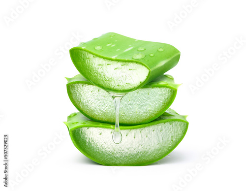 Stack of Aloe vera sliced with gel dripping isolated on white background.