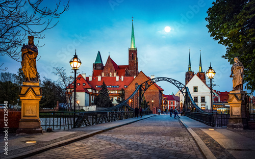 Panoramic view of Tumski Bridge and Cathedral in Wroclaw. Evening view. Wroclaw, Poland