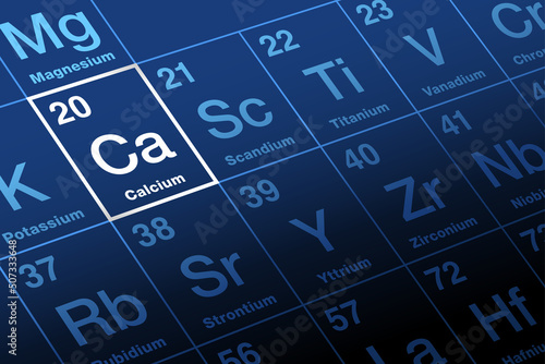 Calcium on periodic table of the elements. Alkaline earth metal, with symbol Ca and atomic number 20. As electrolytes, calcium ions play a vital role in the physiological and biochemical processes.