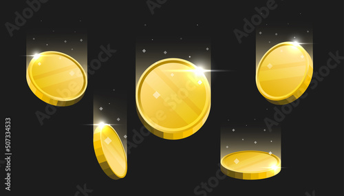 Blank golden cryptocurrency coins falling on dark background.