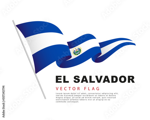 The flag of El Salvador hangs on a flagpole and flutters in the wind. Vector illustration isolated on white background.