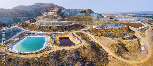 Aerial panorama of Skouriotissa copper mine in Cyprus with ore piles and multicolored pools