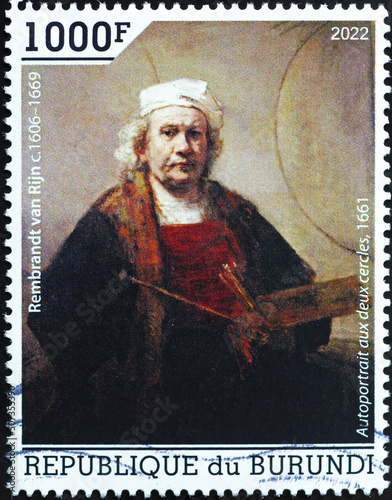 Self portrait by Rembrandt van Rijn on postage stamp