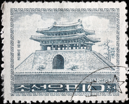 Ancient temple on vintage korean postage stamp