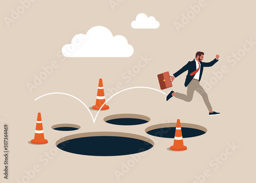 Entrepreneur jump pass many pitfalls to achieve business success. Avoid pitfall, adversity and brave to jump pass mistake or business failure, skill and creativity to solve problem concept.