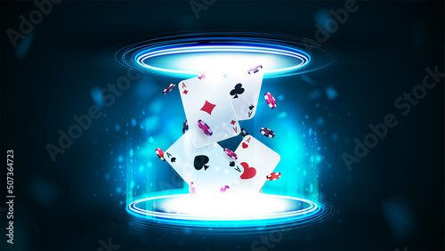 Casino playing cards with poker chips inside blue portal made of digital rings in dark empty scene
