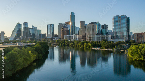 Austin Texas Skyline 2022 Dusk with Colorado River Lady Bird Lake