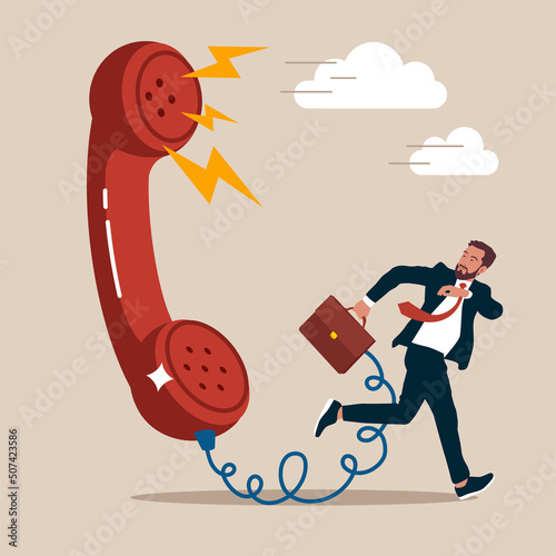 Entrepreneur product owner running away from furious complain telephone from customer or client. Customer complaint, dissatisfaction from product or service problem, angry feedback from client concept