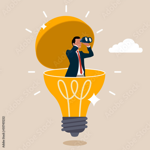 Entrepreneur open lightbulb idea using binoculars to see business vision. Creativity to help see business opportunity, vision to discover new solution or idea, curiosity, searching for success concept