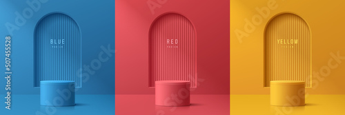 Set of abstract 3D room with yellow, blue, red realistic cylinder podium. Vertical line texture in arch window. Vector rendering geometric form. Mockup product display. Minimal scene. Stage showcase.