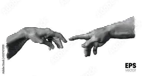 Vector illustration of hands reaching out for touch in black horizontal line halftone vintage style design isolated on white background.