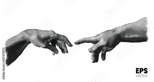 Vector illustration of hands reaching out for touch in black and white dot halftone vintage style design.