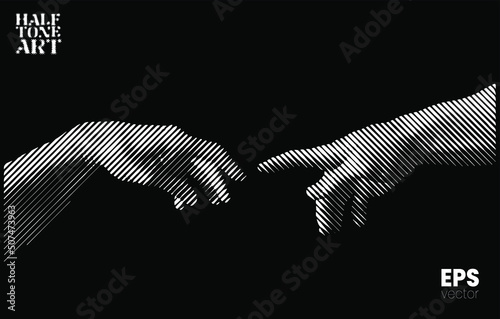 Halftone Art. Vector illustration of hands reaching out for touch in black and white slanted line halftone vintage style design.