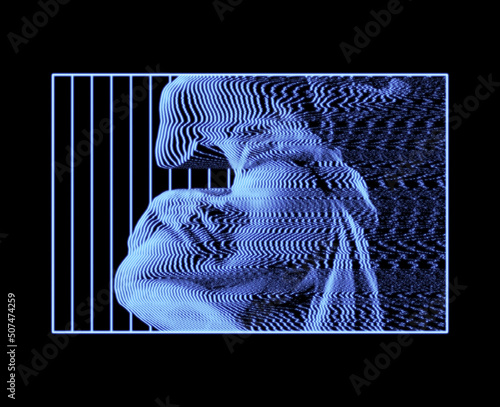 Digital glitch art illustration of classical sculpture of Proserpina Rape detail from 3D rendering in oscilloscope blue lines on black background in the style of old CRT TVs and VHS.