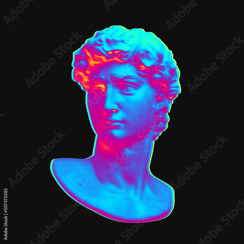 Digital illustration from 3D rendering of classical head bust isolated on background in pink and blue vaporwave and retrowave style colors.