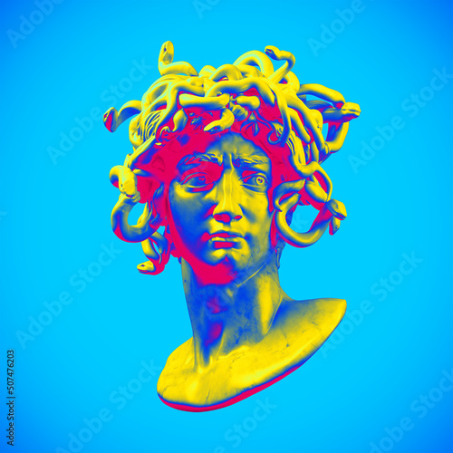 Digital illustration from 3D rendering of snake hair Medusa white marble classical head bust on a pedestal isolated on background in green, red and blue vaporwave style colors.