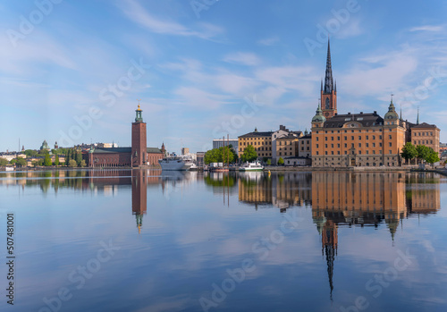 The island Riddarholmen with court houses and the Town City Hall in the background a sunny summer day in Stockholm
