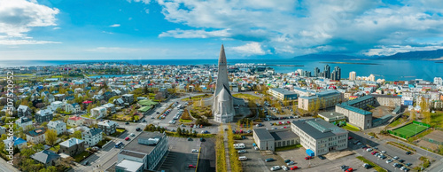 Beautiful aerial view of Reykjavik, Iceland on a sunny summer day. Panoramic view of Reykjavik