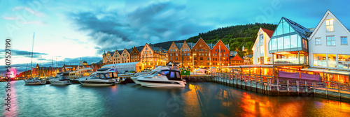 Bryggen, old wharf panorama at twilight in Bergen, Norway