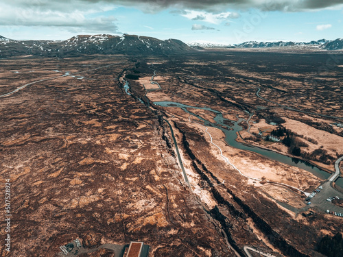 The well visible tectonic plate at Thingvellir National Park in Iceland. The Eurasian and North American tectonic plates