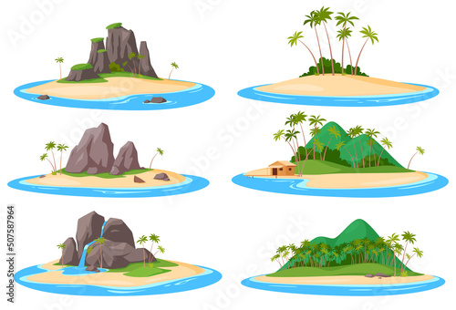 Set Tropical island in the ocean sea. Exotic natural landscape. Summer vacation. Vector illustration