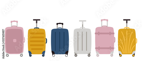 A group of fashionable suitcases on wheels with a handle. Types of luggage. Vector illustration isolated on a white background