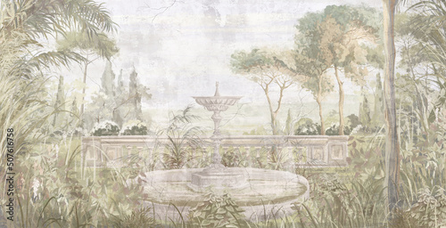 Graphic illustration of a Toscana garden. Design for interior project, wallpaper, photo wallpaper, mural, poster, home decor, card, packing! 