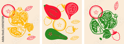 Cute appetizing Fruits and berries collection. Decorative abstract horizontal banner with colorful doodles. Hand-drawn modern illustrations with Fruits and berries, abstract elements. 