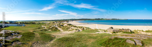 Panorama of Sola beach, sand dunes and resort hotel in the beginning of summer, Stavanger, Norway, May 2018