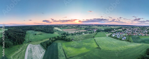 Bavarian Panorama View across the village Scheyern during sunset phase
