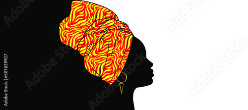 Portrait of a beautiful afro woman. Shenbolen Ankara Headwrap Women's African Traditional Turban Headwrap Scarf Kente Head Wraps African Tribal Fabric Design. Vector icon logo template brochure backgr