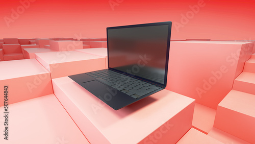 Laptop with black screen and geometry background in perspective / Laptop flying about block