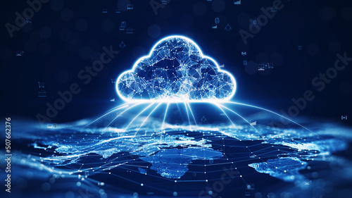 data transfer cloud computing technology concept. There is a large prominent cloud icon in the center with internal connections. and small icon on abstract world map polygon with dark blue background.