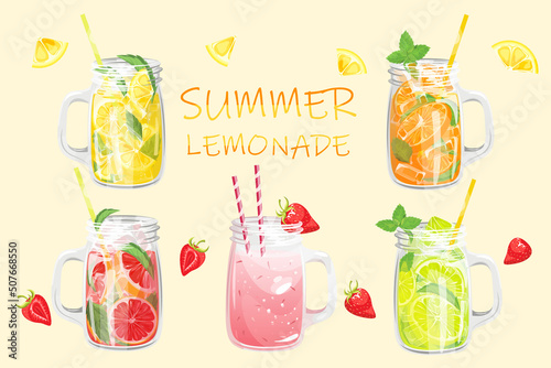 Summer refreshing lemonades in glass jars. Cocktails with strawberries, lime, lemon, grapefruit, orange.