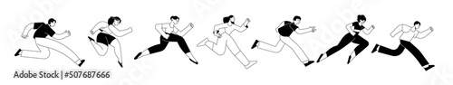 Trendy line design style of people on the move. Vector illustration of active male and female running, competition, run to success, career, challenge, marathon race, ambition, recreation and sport. 