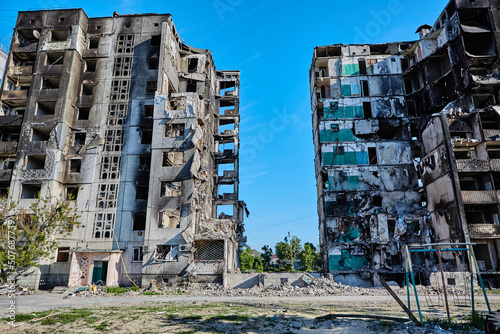 Borodianka, Ukraine, May 28, 2022: Houses destroyed by Russian soldiers