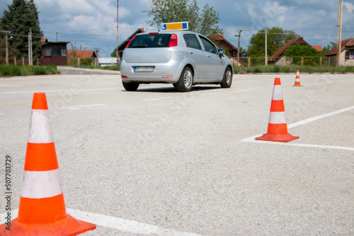 Driving school or test. Training parking. How to drive and park car between cones.