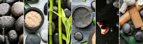 Collage with acupuncture needles, sea salt, bamboo and spa stones