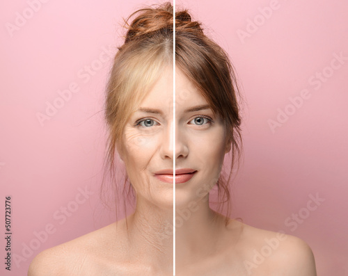 Beautiful young woman with silky skin on color background