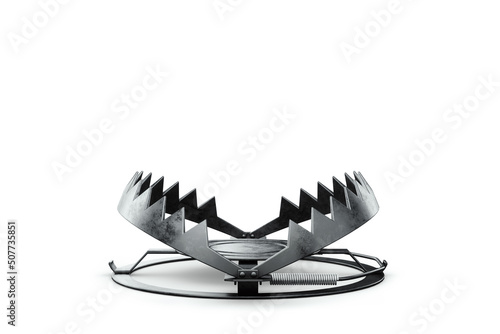 Bear trap isolated on white background, metal trap. Addiction, hunting, poaching, credit mortgage. 3D render, 3D illustration.