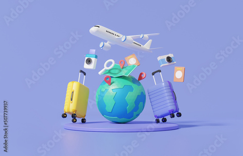 Minimal cartoon flight airplane travel tourism plane trip planning world tour luggage with pin location suitcase and map, leisure touring holiday summer concept. banner. 3d render illustration